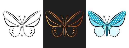 vlinder dier overzicht logo ontwerpelement. zwart en goud omtrek contour, lijn kunststijl geïsoleerde pictogramserie. mooie tattoo-sjabloon. cartoon insecten tekenen. vector
