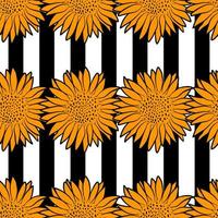 retro-stijl zonnebloem naadloos patroon met zwarte strepen. abstracte bloemen botanische stof afdruksjabloon. behang vectorillustratie ontwerp. zomer grafische omtrek tekening textuur.