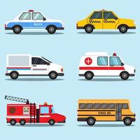 set van verschillende soorten openbaar vervoer vector zoals politieauto, taxi, bestelwagen, ambulance, brandweerwagen en schoolbus. verzameling van cartoon stijl transport voertuigen illustratie ontwerp