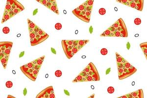 naadloos patroon met pizzaplakken, tomaten en slabladeren op witte achtergrond. voor textiel, achtergronden, menu's. fast food, gebak, Italiaanse keuken vector