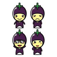 set collectie van schattige aubergine mascotte ontwerp karakter. geïsoleerd op een witte achtergrond. schattig karakter mascotte logo idee bundel concept vector