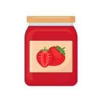 glazen pot geconserveerde aardbeienjam, rode bessenconfituur in fles. het oogsten van heerlijke zelfgemaakte zoete maaltijd. glazen capaciteit met deksel voor bessendessert. eten en koken. vector illustratie