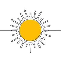 gele zon een zwarte ononderbroken lijn, lichtstralen omtrek. één lijntekening. cirkel volle zon en zonlicht. hete zonne-energie voor bruin. vector kunst illustratie