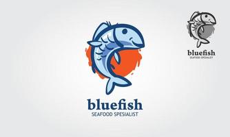 blauwe vis zeevruchten specialist vector logo sjabloon. dit is een visvector die u kunt gebruiken als logo, ontwerpelement en perfect kunt gebruiken voor alle visserij- of aquariumgerelateerde bedrijven.