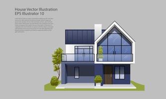 vectorillustratie van modern huis. gezellige gezinswoning, woning met garage, balkon en bomen. vector