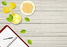 platte vectorillustratie van mahonie eettafel van bovenaf. bovenaanzicht illustratie van eettafel met open boek, limonade, citroenfruit, crackerkoekjes en bladeren op mahoniehouten tafel. vector