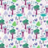 cartoon doodle bos naadloze patroon. bomen, struiken, bladeren, bloemen in scandinavische kinderlijke stijl achtergrond. vector
