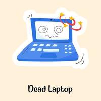 spiraalvormige ogen in laptop met het concept van dode laptop in platte stickerstijl vector