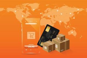 zwarte creditcard met een smartphone die eruitziet als helder glas. en de goederenboxen met de wereldkaart zijn gekoppeld aan het netwerk. voor online winkelen conceptontwerp, op oranje achtergrond. vector