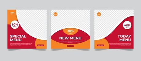 set bewerkbare vierkante postersjabloonontwerpen voor voedselberichten op sociale media. geschikt voor post restaurant advertenties en digitale culinaire promoties. vector