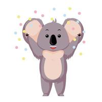 gelukkige koala met confetti geïsoleerd op een witte achtergrond. stripfiguur feest. vector