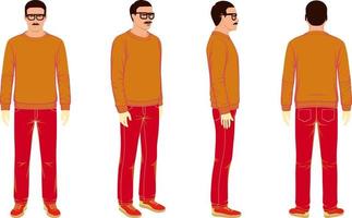 vierzijdige man karakter volledige set alle engel voor 2D cartoon animatie met deze man gele shirt en rode broek