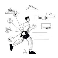 jonge man loopt met fitness horloge. man draagt een fitness-tracker. platte vectorillustratie. vector