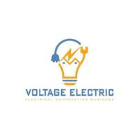 een illustratie van een slimme gloeilamp met de plug-in, moersleutel en silhouethuis in oranjegele en blauwe kleur toegepast voor logo-ontwerp van zakelijke dienstverlening voor elektrische aannemers vector