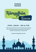 ramadan kareem flyer banner, moskee silhouet met blauwe achtergrondkleur vector