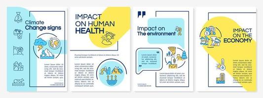 klimaatverandering effecten blauwe en gele brochure sjabloon. boekje afdrukontwerp met lineaire pictogrammen. vectorlay-outs voor presentatie, jaarverslagen, advertenties. questrial, lato-reguliere lettertypen gebruikt vector