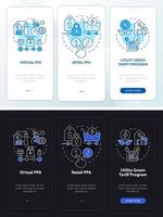 soorten ppa nacht- en dagmodus onboarding mobiele app-scherm. overeenkomst walkthrough 3 stappen grafische instructiepagina's met lineaire concepten. ui, ux, gui-sjabloon. talloze pro-bold, reguliere lettertypen gebruikt vector