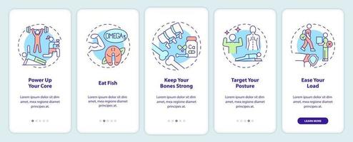 adviezen voor gezonde gewrichten onboarding mobiele app scherm. eat fish walkthrough 5 stappen grafische instructiepagina's met lineaire concepten. ui, ux, gui-sjabloon. talloze pro-bold, reguliere lettertypen gebruikt vector