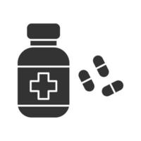 pillen fles glyph pictogram. silhouet symbool. drugs. negatieve ruimte. vector geïsoleerde illustratie