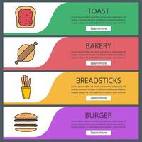 bakkerij webbanner sjablonen set. toast met jam, deegroller en deeg, broodstengels, hamburger. website kleur menu-items. ontwerpconcepten voor vectorkoppen vector