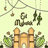 eid al fitr mubarak, met de hand beschilderd in pastelkleuren. doodle stijl. horizontale poster, wenskaart vector