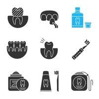tandheelkunde glyph pictogrammen instellen. tandheelkundige kroon, fineer, mondwater, gezonde tanden, kiespijn, elektrische tandenborstel, tandpoeder, floss, tandpasta. silhouet symbolen. vector geïsoleerde illustratie