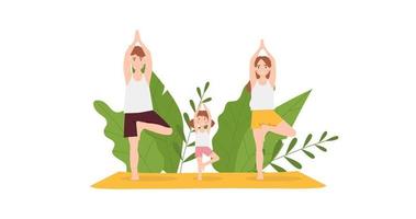 familie yoga in het park. moeder, vader en dochter demonstreren boom yoga pose. vector illustratie