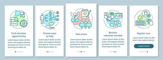 vrijwilligerswerk onboarding mobiele app pagina scherm vector sjabloon. humanitaire hulp. vrijwilligersprogramma walkthrough website stappen met lineaire illustraties. ux, ui, gui smartphone-interfaceconcept