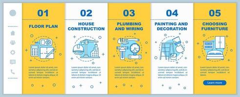 huis bouwen onboarding mobiele app pagina scherm vector sjabloon. plattegrond, woningbouw, doorloop websitestappen met lineaire illustraties. ux, ui, gui smartphone-interfaceconcept