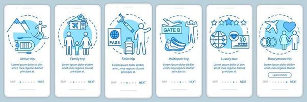 reisstijlen onboarding mobiele app paginascherm met lineaire concepten. luxe en multisporttour. zes doorloopstappen grafische instructies. solo reis. ux, ui, gui vectorsjabloon met illustraties vector