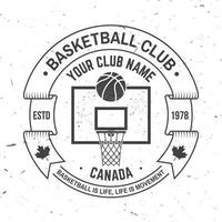 basketbal club badge. vectorillustratie. concept voor shirt, print, stempel. vintage typografieontwerp met basketbalring, net en balsilhouet. vector