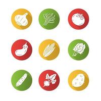 groenten platte ontwerp lange schaduw glyph pictogrammen instellen. knoflook, biet, maïs, tomaat, aardappel. vitamine en voeding. gezonde voeding. salade ingrediënt. veganistisch eten. vector silhouet illustratie