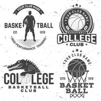 set basketbal college club badge. vector. concept voor shirt, print, stempel of tee. vintage typografieontwerp met krokodil en basketbalbalsilhouet. vector