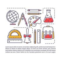 schoolbenodigdheden, tool artikel pagina vector sjabloon. leerlingen accessoires. brochure, tijdschrift, boekje ontwerpelement met lineaire pictogrammen en tekstvakken. print ontwerp. conceptillustraties met tekstruimte