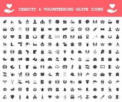liefdadigheid en vrijwilligerswerk glyph iconen grote set. fondsenwerving, filantropie, humanitaire hulp. maatschappelijke verantwoordelijkheid, liefdadigheidsorganisatie. silhouet symbolen. vector geïsoleerde illustratie