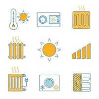 airconditioning gekleurde pictogrammen instellen. zomertemperatuur, thermostaat, verwarmingselement, radiator, verwarming, zon, vermogensniveau, klimaatbeheersing, vloerverwarming. geïsoleerde vectorillustraties vector