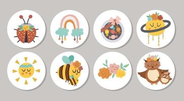 schattige set ronde moederdag markeerpictogrammen of kaartontwerpen met schattige dieren, snoepjes, bloemen. vector lente vakantie pin of badge ontwerp geïsoleerd op een witte achtergrond met familie liefde concept