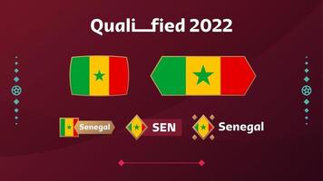 set van senegal vlag en tekst op 2022 voetbaltoernooi achtergrond. vector illustratie voetbal patroon voor banner, kaart, website. nationale vlag senegal