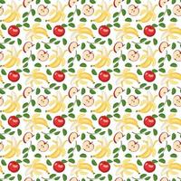 naadloos patroon met gele banaan en rode appel. print van hele gezonde vruchten. achtergrond van zoet voedsel voor dieet. platte vectorillustratie vector