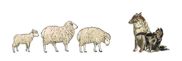 twee schapen en lam lopen naar de wolf met puppy's. jagers en prooien, conceptenillustratie. hand getekende vectorillustratie. vector