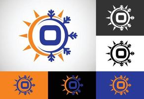 aanvankelijk o-monogramalfabet met abstracte zon en sneeuw. airconditioner logo teken symbool. warm en koud symbool. vector