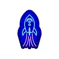 neon gekleurde ruimte raket pictogram symbool. middernacht blauw. raketschipontwerp in neonlucht. realistisch neonpictogram. er is een maskergebied op een witte achtergrond.
