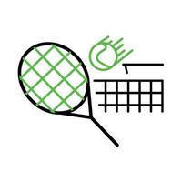 tennisbal en racket icoon. bal die door het tennisnet gaat. dit pictogram zijn de pictogramsymbolen van de tenniswedstrijd. sport competitie pictogramserie. bewerkbare streek. logo, web en app. vector