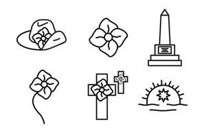 anzac dag ontwerpen pictogramserie. klaproos, gedenkteken, legerpet, badge icon set, bewerkbare lijn. vector