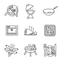 vlees, schotel, barbecue, grill, oven en worst icoon. biefstuk pictogramserie. barbecue. verzamelen. deze pictogrammen bevatten pictogrammen voor warm eten. het is een set tekeningen. vector