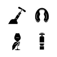 wijnmakerij en wijn service glyph pictogrammen instellen. hand met glas cocktail. fles, kurkentrekker. karaf, foliesnijder. aperitiefdrank, alcoholische drank. silhouet symbolen. vector geïsoleerde illustratie
