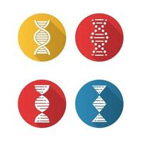 dna spiraal strengen platte ontwerp lange schaduw glyph pictogrammen instellen. deoxyribonucleic, nucleïnezuur helix. spiraalvormige strengen. chromosoom. moleculaire biologie. genetische code. vector silhouet illustratie