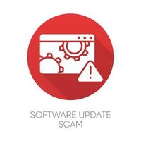 software-update scam rood plat ontwerp lange schaduw glyph-pictogram. nep systeem, programma upgrade. malware. misleidende pop-upadvertentie. financiële fraude. frauduleuze regeling. vector silhouet illustratie