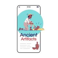 oude artefacten sociale media berichten smartphone app-scherm. mobiele telefoon displays met stripfiguren ontwerp mockup. oude geschiedenis. archeologie opgravingen applicatie telefoon interface vector