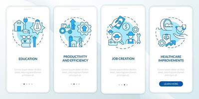 landelijke elektrificatie economisch voordeel blauw onboarding mobiel app-scherm. walkthrough 4 stappen grafische instructiepagina's met lineaire concepten. ui, ux, gui-sjabloon. talloze pro-bold, reguliere lettertypen gebruikt vector